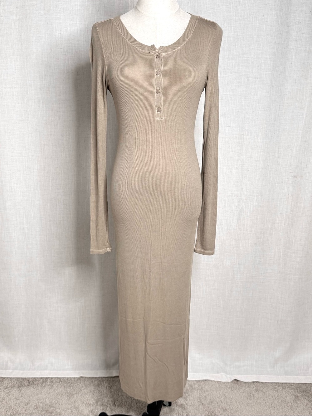 Enza Costa Long Sleeve Rib Knit Henley Maxi Dress Sage Taupe Size S